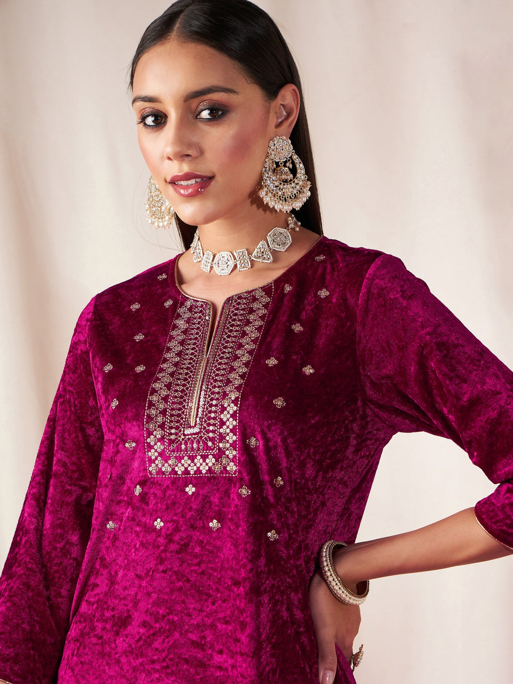 Women Fuchsia Velvet Front Embroidered Straight Kurta